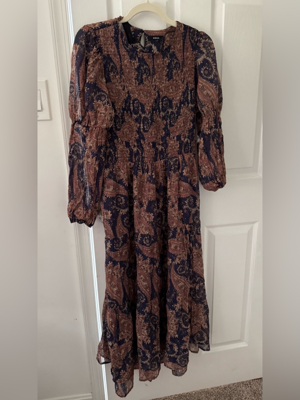Aqua Navy and Brown Paisley Tiered Maxi Dress